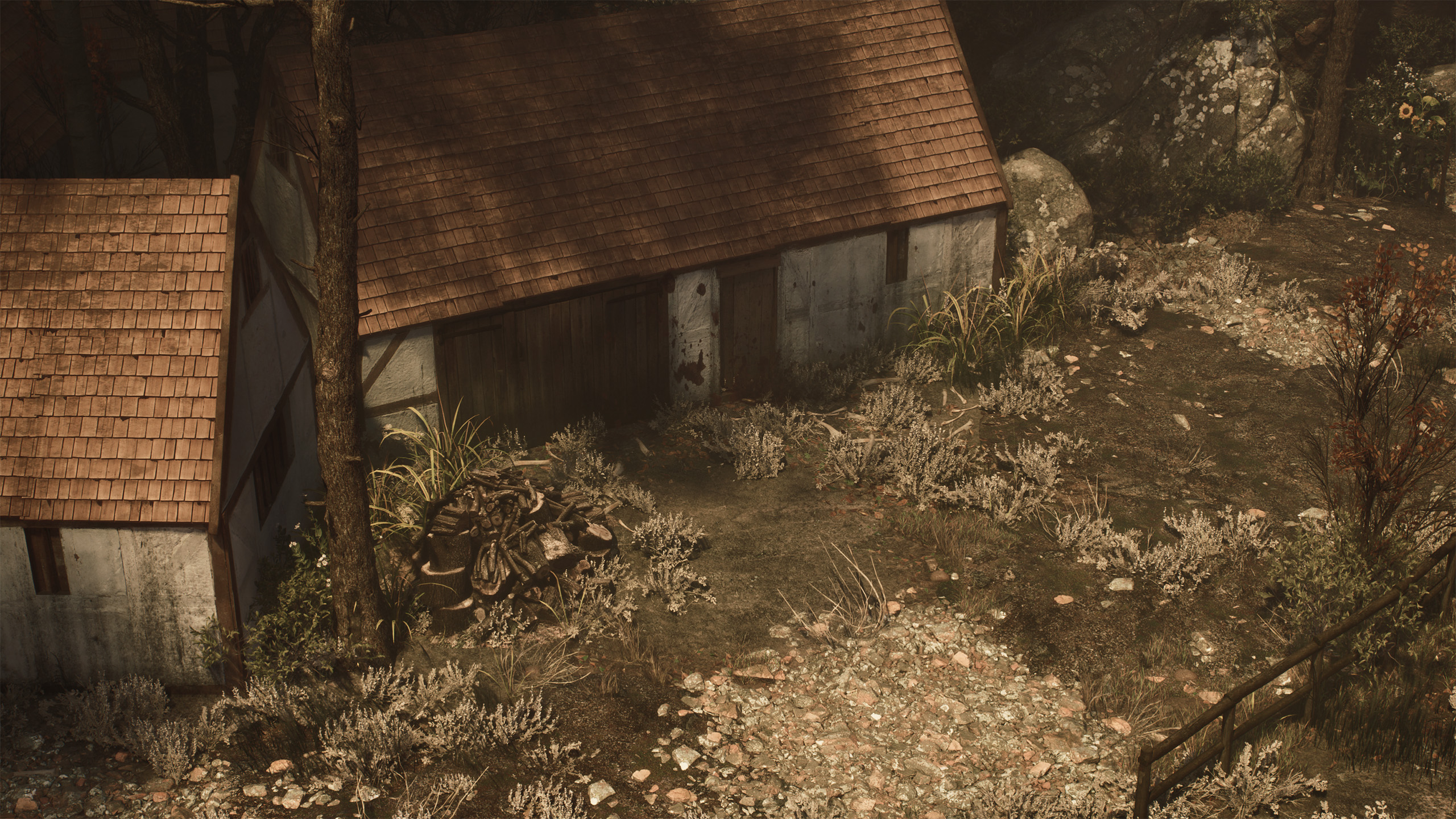 Dark and moody 3D environment depicting a blood spatters on village houses