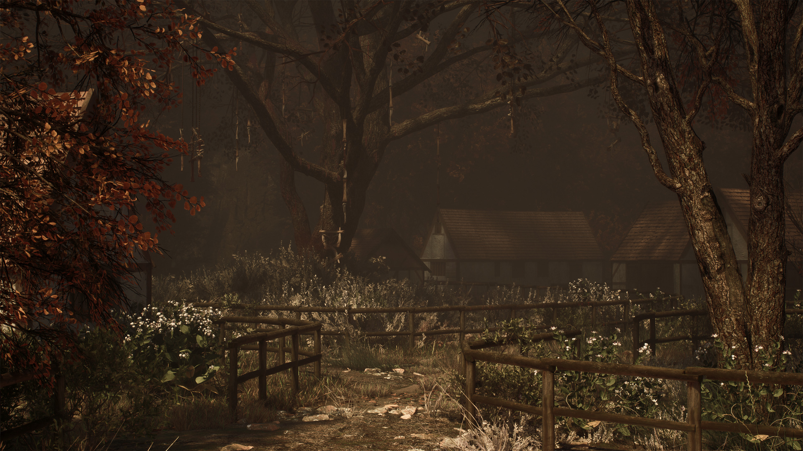 Dark and moody 3D environment depicting hanging effigies from a tree