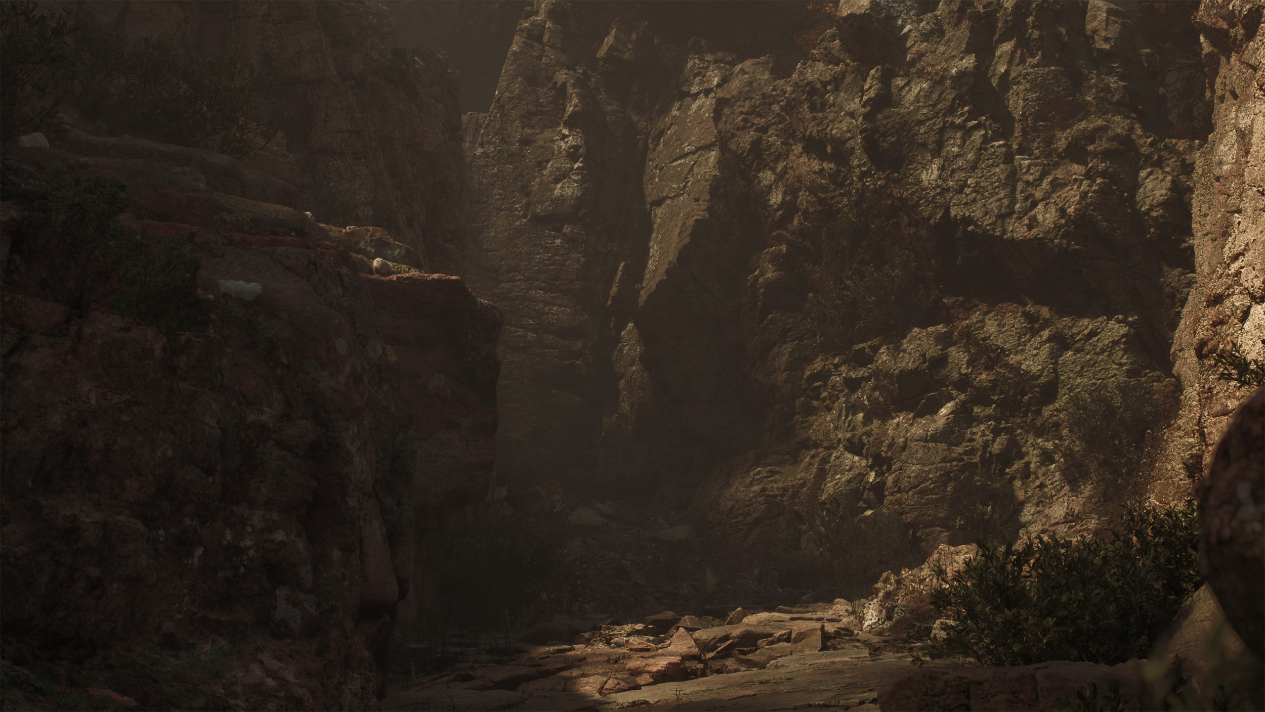 Dark and moody 3D environment depicting an alternative rocky pass to enter the villa