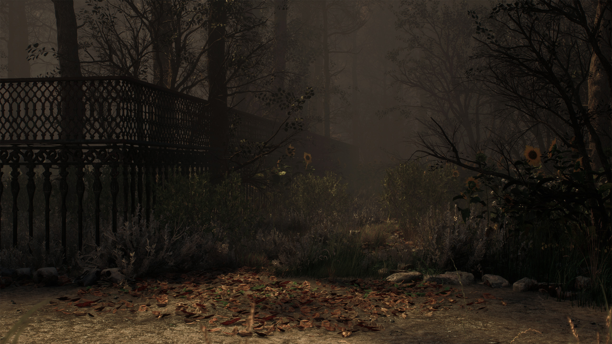 Dark and moody 3D environment depicting an overgrown yard