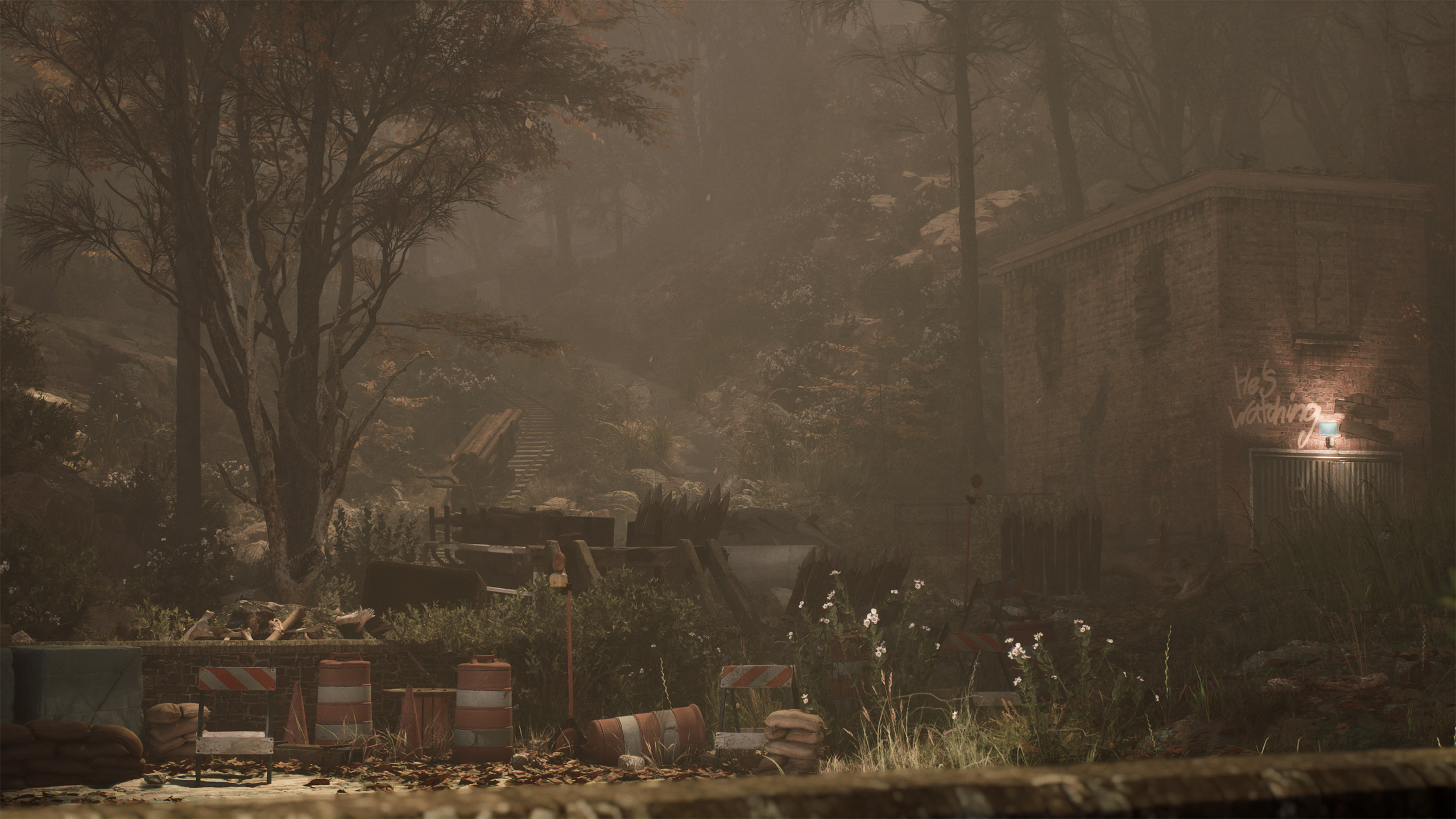 Dark and moody 3D environment depicting an abandoned old railway station